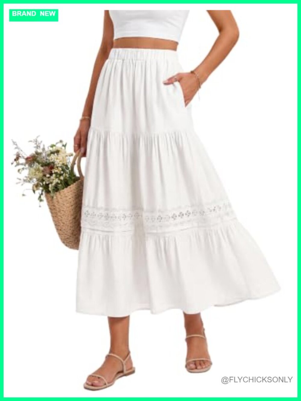 Blooming Jelly Womens Maxi Skirt Lace Trim High Waist Pockets Summer